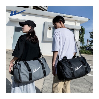 回力大容量手提包男旅游行李袋轻便干湿分离运动健身短途斜挎旅行包女 黑色+灰色青蛙挂件